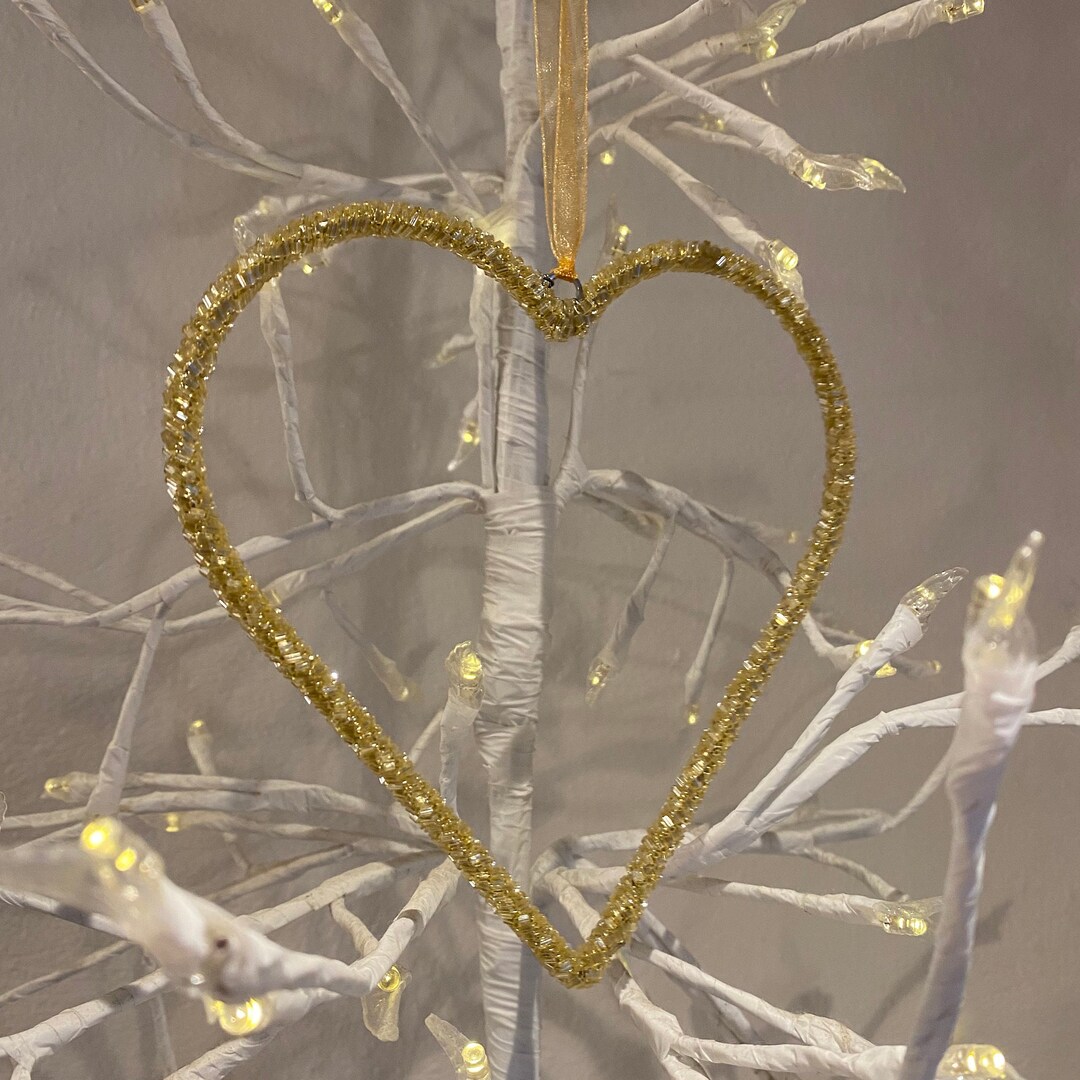 Gold Sparkly Beaded Hanging Heart Christmas Decoration, Hearts, Sparkly