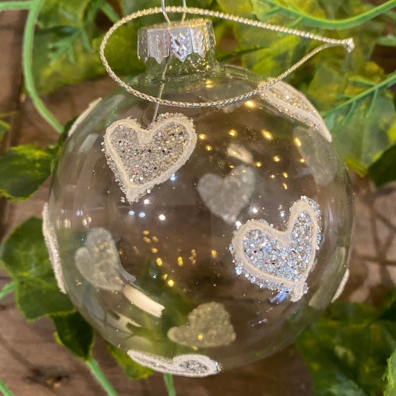 Adornos de cristal de corazón de plata de Navidad decorados a mano