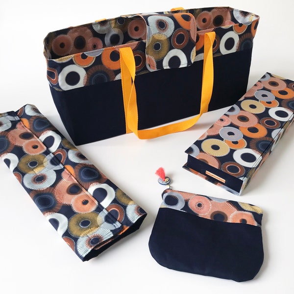 Mah Jongg Tote Bag & Accessories in Navy and Orange Circle Fabric