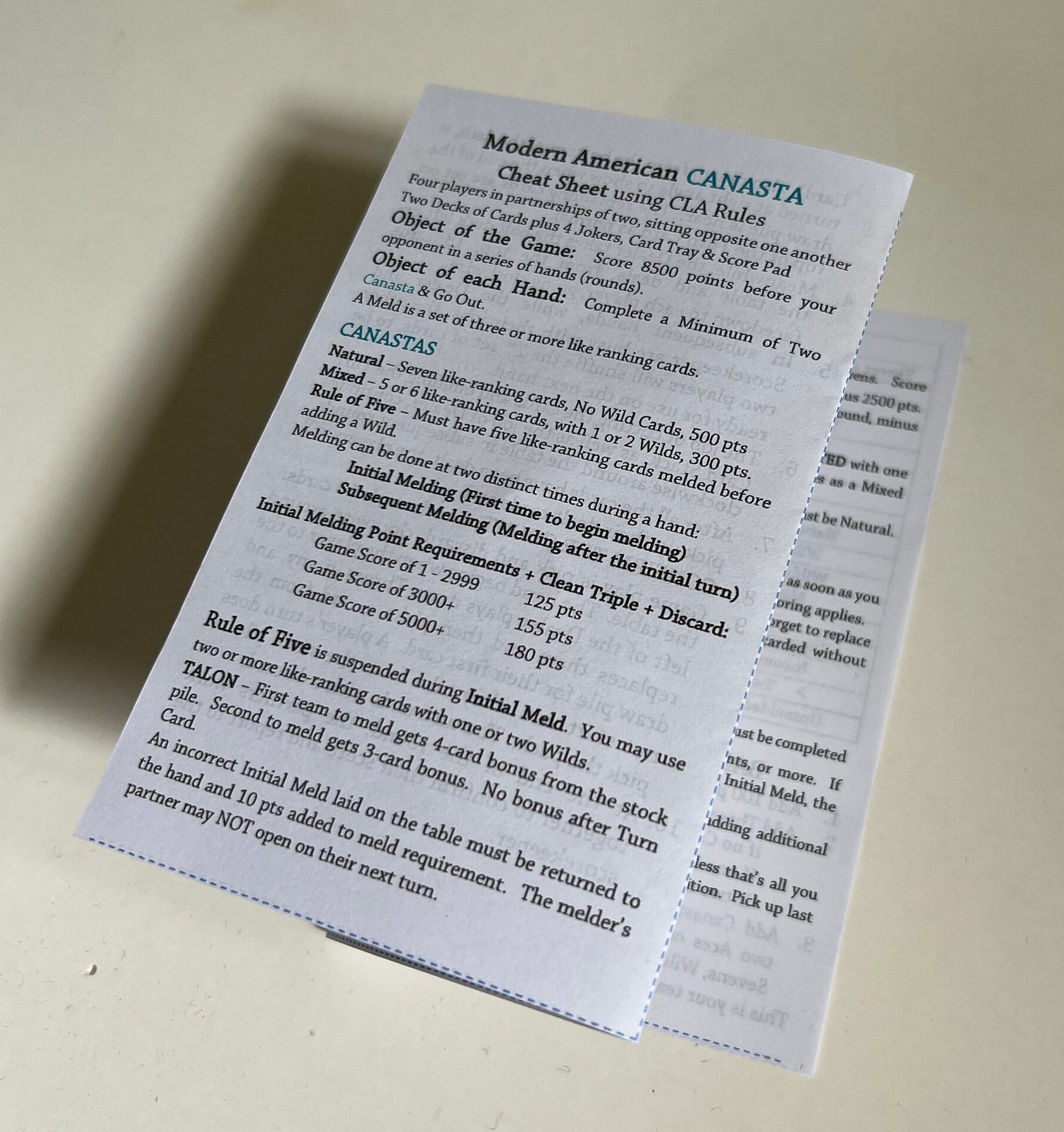 Mini Rules Sheet for Modern American Canasta, Downloadable and ready for Printing