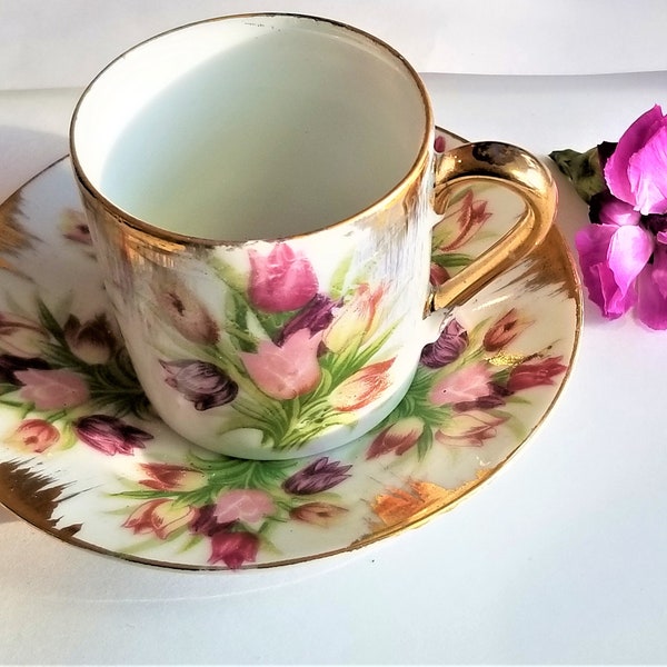 Vintage hand painted Demi cup and saucer 14K gold accent
