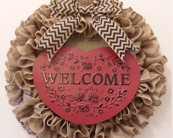 Welcome burlap wreath for front door, year round welcome burlap wreath, front porch all season decor, farmhouse home decor