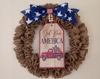 Patriotic red truck wreath, God bless America burlap wreath, summertime wreath for front door, vintage pickup truck wreath