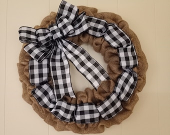 Burlap Wreath: Buffalo Plaid Ribbon, Farmhouse Decor (18 inch)
