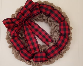 Red Buffalo Check Burlap Wreath: Farmhouse Front Door Decor