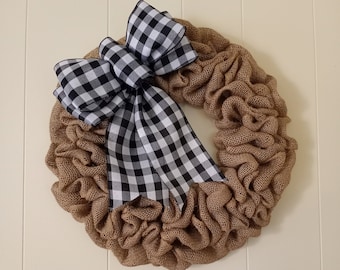 Burlap Wreath: Buffalo Plaid Bow, Farmhouse Decor