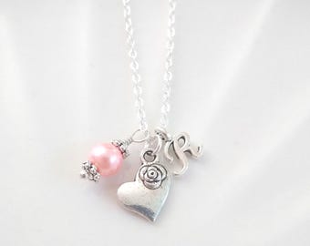 Dainty Heart Necklace, Pink Pearl, Flower Charm, Initial, Gift for little girl or Flower Girl