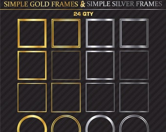 24 Metallic Gold Silber Border Rahmen Clip Art | Doppelter Kreis, Quadrat Einfache Header Verzierung | Digitales Bundle Set | Png, SVG, Eps, Pdf
