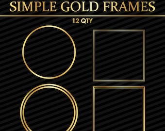 12 Metallic Gold Rahmen Rahmen Clip Art | Doppelter Kreis, Quadrat Einfache Kopfverzierung | Digitale Vektor Clipart | Png, SVG, Eps, Pdf