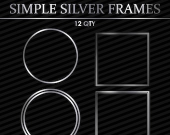 12 Metallic Silber Rahmen Rahmen Clip Art | Doppelter Kreis, Quadrat Einfache Kopfverzierung | Digitale Vektor Clipart | Png, SVG, Eps, Pdf
