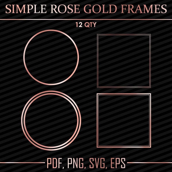 12 Metallic Rose Gold Border Frames Clip Art | Double Circle, Square Simple Header Embellishment | Digital Vector Clipart Png, Svg, Eps, Pdf