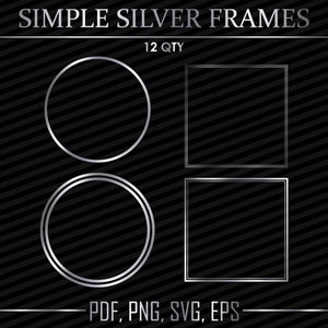 12 Metallic Silver Border Frames Clip Art | Double Circle, Square Simple Header Embellishment | Digital Vector Clipart | Png, Svg, Eps, Pdf