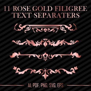 11 Rose Gold Metallic Filigree Text Divider Clip Art | Border Header Embellishment | Digital Vector Clipart | Png, Svg, Eps, Pdf, Ai Files
