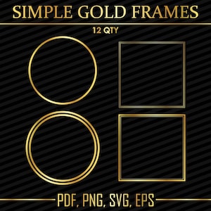 12 metallic gouden randlijsten illustraties | Dubbele cirkel, vierkant eenvoudige kopversiering | Digitale vectorillustraties | Png, Svg, Eps, Pdf