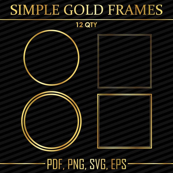 12 Metallic Gold Border Frames Clip Art | Double Circle, Square Simple Header Embellishment | Digital Vector Clipart | Png, Svg, Eps, Pdf
