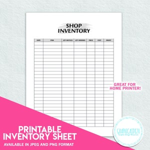 Plantilla de seguimiento de inventario / Registro de inventario imprimible simple de una hoja / Organizador de negocios / Inicio Negocios Etsy Producto Inventroy PNG JPEG