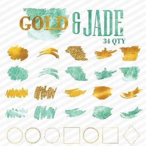 May include: A set of 34 digital graphics featuring gold and jade green watercolor brushstrokes, circles, squares, and diamonds. PNGs.