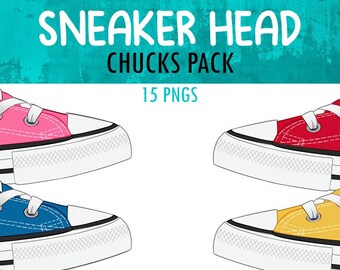 May include: A digital illustration showcasing a variety of Chuck Taylor sneakers in vibrant colours. The image includes pink, red, blue, yellow, green, and purple trainers. Text at the top reads "SNEAKER HEAD CHUCKS PACK 15 PNGS".