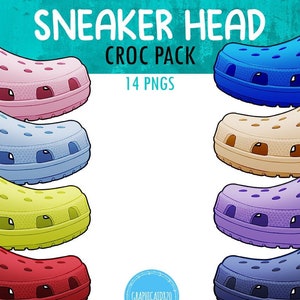 May include: A digital graphic featuring colorful Crocs shoes in various hues, including pink, blue, yellow, and red. The text "SNEAKER HEAD CROC PACK 14 PNGS" is displayed at the top. A graphic design logo is at the bottom.