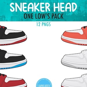 Könnte beinhalten: Zwölf digitale Illustrationen von Low-Top-Sneakern in verschiedenen Farbkombinationen. Die Sneaker sind weiß mit schwarzen, roten oder blauen Akzenten. Der Text "SNEAKER HEAD ONE LOW'S PACK 12 PNGS" befindet sich oben im Bild.