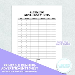 Werbung Tracker Vorlage | Simple One Sheet Printable Ads Planner | Social Media Content Tracker Arbeitsblatt | Verwaltung von Kleinunternehmen