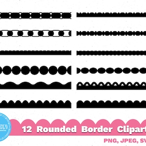 May include: Twelve black and white rounded border designs. The borders are made up of circles, scallops, and wavy lines.