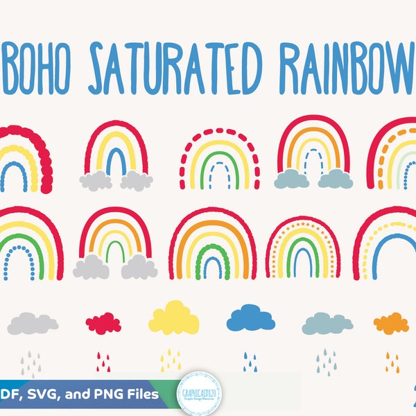 22 Saturated Boho Rainbow Clip Art | Rain Clouds Modern Pastel Set | Design Elements Vector Clipart | Png, Svg, Pdf, EPS Digital Files v4