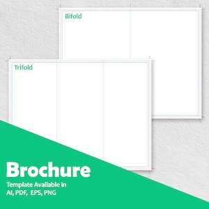 Puede incluir: Una plantilla de folleto blanca con fondo verde. La plantilla está dividida en tres secciones, etiquetadas como "Trifold" y "Bifold". El texto "Folleto" se muestra en letras grandes y negritas, con el texto "Plantilla disponible en AI, PDF, EPS, PNG" debajo.