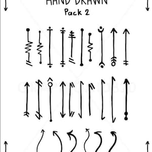 May include: A set of 20 hand-drawn arrow illustrations. The arrows are black and white and are drawn in a variety of styles. The arrows are all pointing in different directions. The text "HAND DRAWN Pack 2" is at the top of the image.
