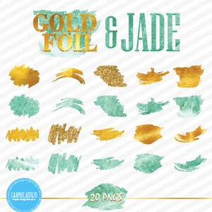 May include: A set of 20 digital clipart images featuring gold foil and jade green watercolour brushstrokes. The images are perfect for adding a touch of elegance to your designs.