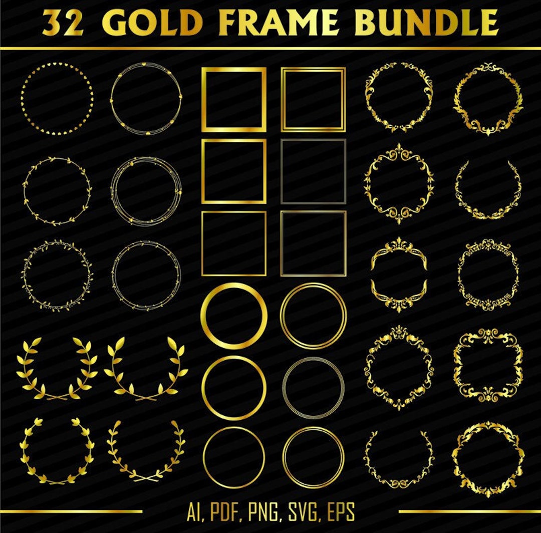 32 Simple Metallic Gold Border Frames Clip Art Set Circle, Square