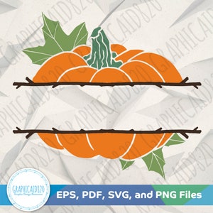 May include: An orange pumpkin design with green leaves and stem, and two brown branches. The text "EPS, PDF, SVG, and PNG Files" is at the bottom. The design is for graphic design resources.