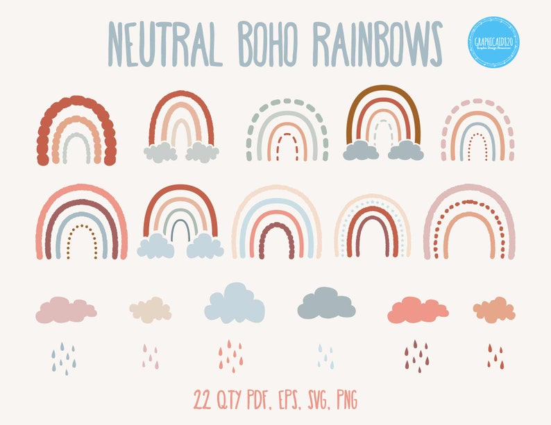 22 Neutral Boho Rainbow Clip Art Rain Clouds Modern Pastel - Etsy