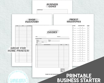 May include: Printable business starter pack with black and white forms for shop inventory, invoice, profit milestones, and business goals. The forms are designed for home printers.