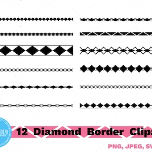 Puede incluir: Doce diseños de bordes de diamantes en blanco y negro. Los bordes están formados por varias formas y patrones de diamantes. Los diseños son perfectos para agregar un toque decorativo a cualquier proyecto.