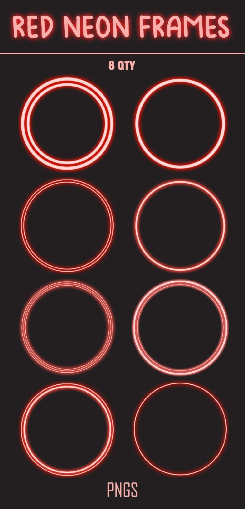 8 Neon Rote Rahmen Clip Art | Einfache geometrische Kreis glühende Header Verschönerung | Helle Digitale Grafikelemente | Png Dateien
