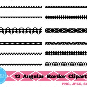 May include: Twelve black and white angular border designs. The borders are made up of squares, diamonds, and triangles. The designs are perfect for adding a geometric touch to any project.