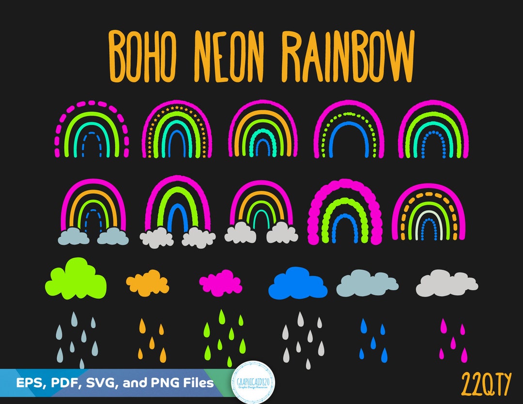 22 Neon Boho Rainbow Clip Art | Rain Clouds Bright Colors Set | Design ...