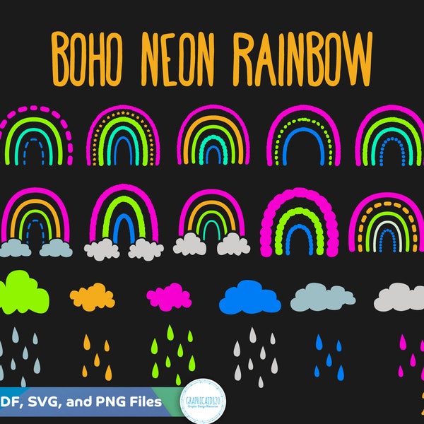 22 Neon Boho Rainbow Clip Art | Rain Clouds Bright Colors Set | Design Elements Vector Clipart | Png, Svg, Pdf, EPS Digital Files v3