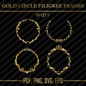 Könnte beinhalten: Satz von vier goldenen Kreisfiligranrahmen auf schwarzem Hintergrund mit dem Text "10 QTY" und "PDF, PNG, SVG, EPS".