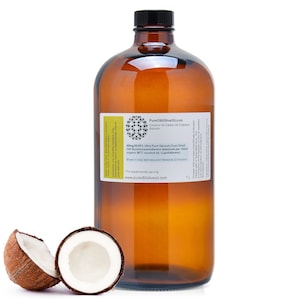 May include: A brown glass bottle with a label that reads "PureC60OliveOil.com Coconut Oil Carbon 60 Full Solution 40mg 99.95% Ultra Pure Vacuum Oven Dried C60 Buckminsterfullerene dissolved per 100ml organic MCT coconut oil (Lipofullerene) Mixed in total darkness and filtered at 22 microns For experimental use only www.purec60oliveoil.com 1L"  The bottle is sitting on a white surface with two halves of a coconut next to it.
