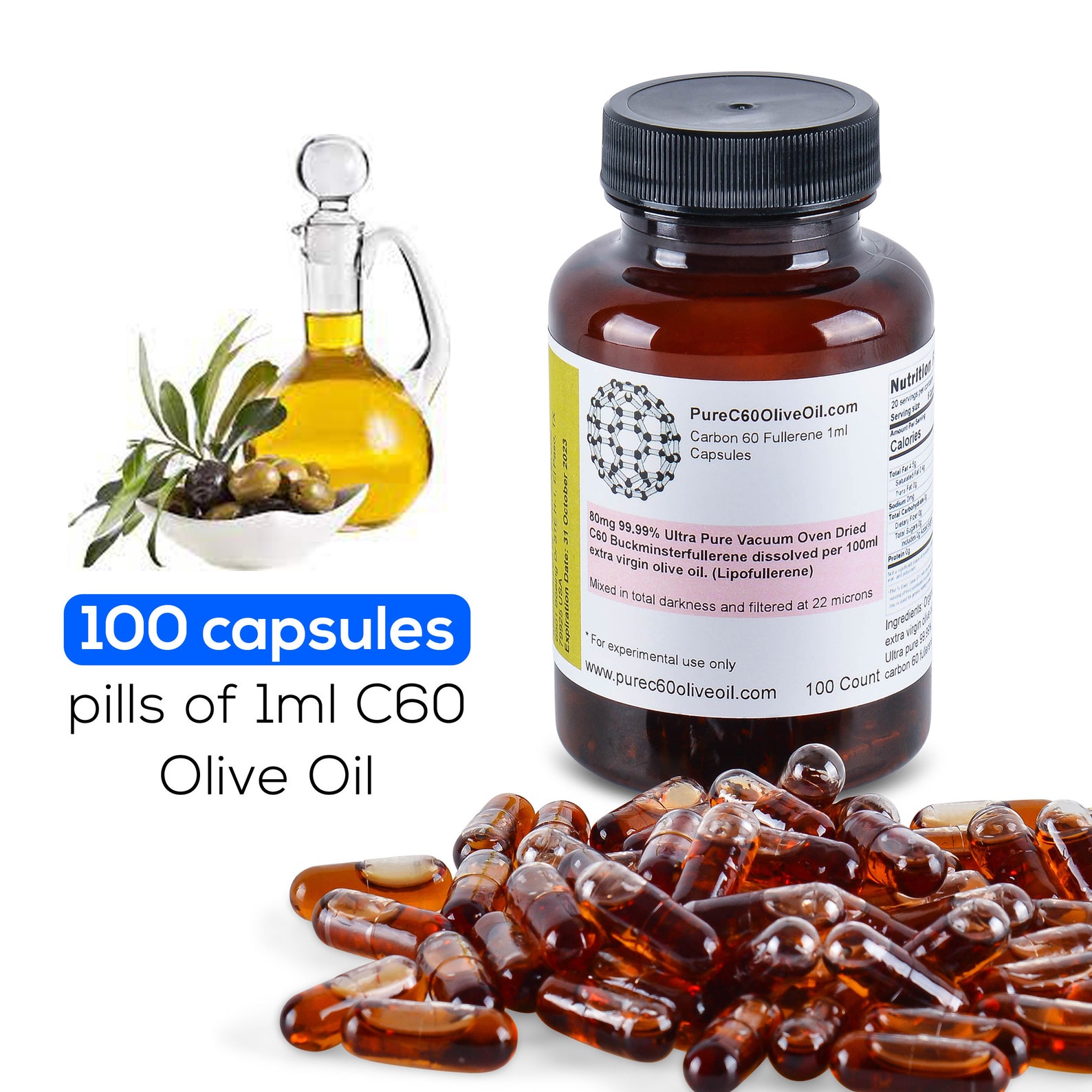 Organic C60 Olive Oil Capsules / Pills 100ml 99.99 C60 SolventFree