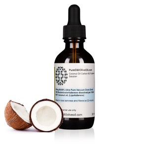 May include: A brown glass bottle with a dropper top containing a clear liquid. The bottle label reads "PureC60OliveOil.com Coconut Oil Carbon 60 Fullerene Solution" and lists the ingredients as "40mg 99.95% Ultra Pure Vacuum Oven Dried 80 Buckminsterfullerene dissolved per 100ml MCT coconut oil. (Lipofullerene)". The bottle is sitting on a white surface next to two halves of a coconut.