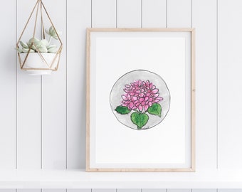 PRINT: Roze Hortensia, Aquarel Art Print