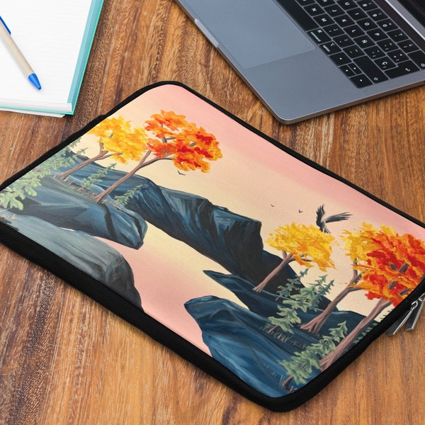 Autumn landscape sunset Laptop Sleeve, Fall Mountain scene with birds on a durable lined laptop sleeve!