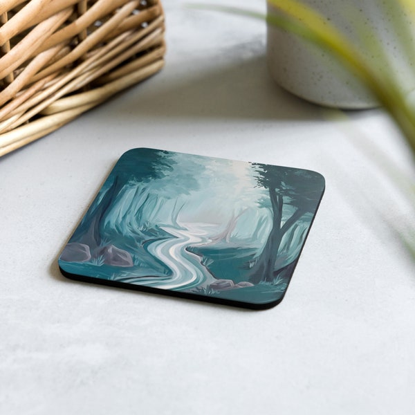 Green forest Winding River Cork-back coaster, Green ivy forest coaster, Art coaster collector gift ideas