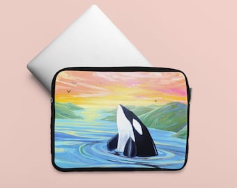 Orca Whale Laptop Sleeve sunset, macbook sleeve whale 13 inch, whale 15inch macbook sleeve, sunset whale laptop sleeve office decor,