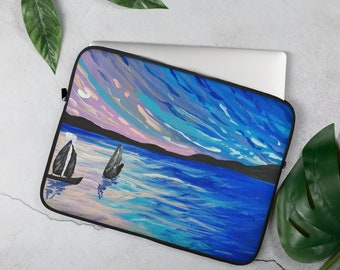 Colourful sunset with sailboats landscape Painting Laptop Sleeve case Pink and blue water boats 15" laptop case 13" laptop case gifts