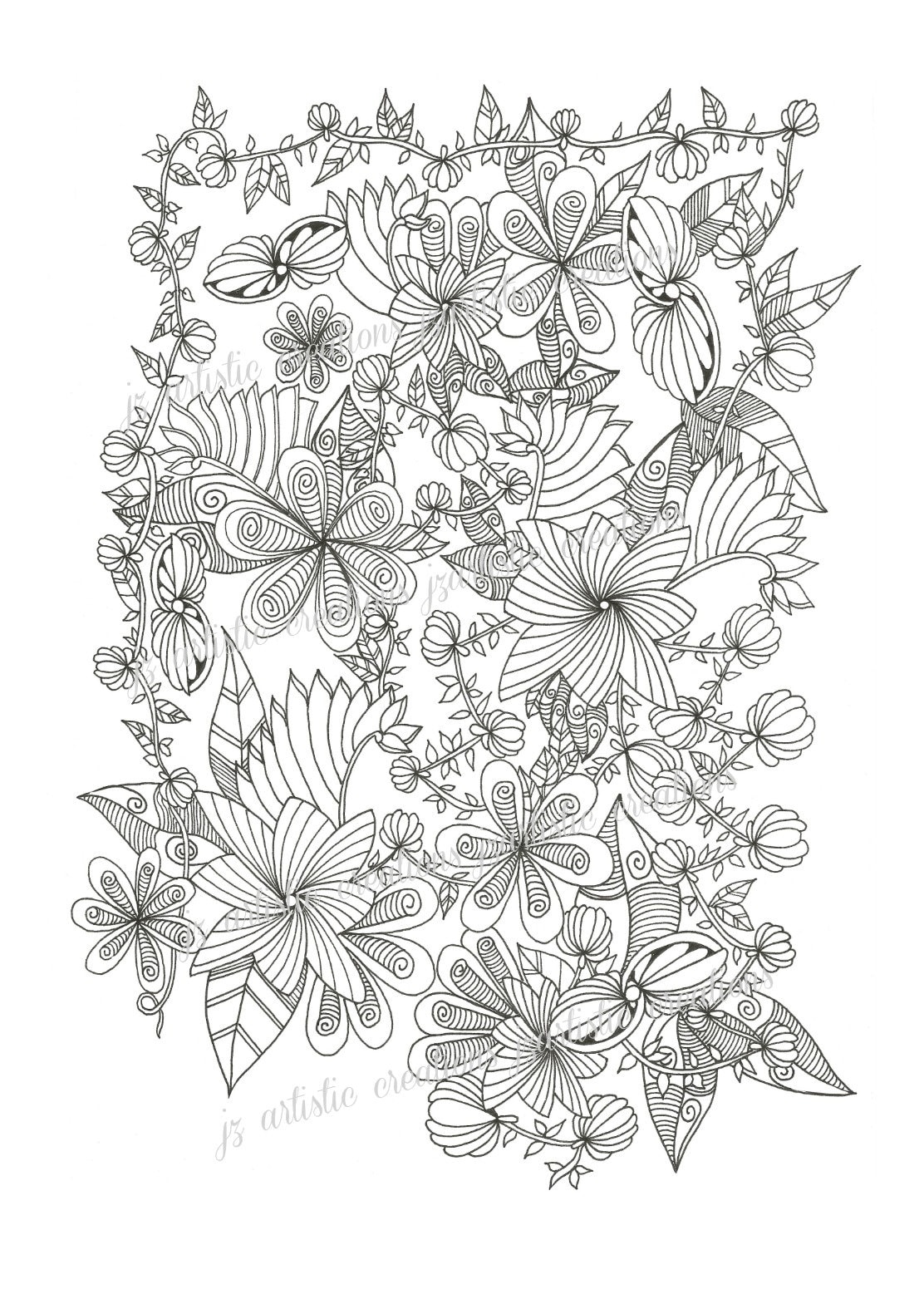 Floral botanical zentangle flowers adult coloring Etsy