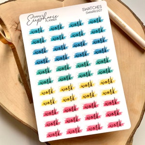 Work Watercolor Swatch Planner Stickers for Erin Condren, Happy Planner, Bullet Journal, Hobonichi, Plum Paper with 44 Calligraphy Stickers